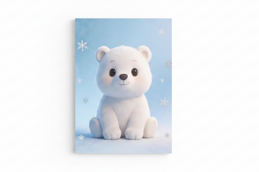 Cute polar bear nursery canvas wall art flat lay on white background, overhead view, landscape format - Portugal Canvas Co
