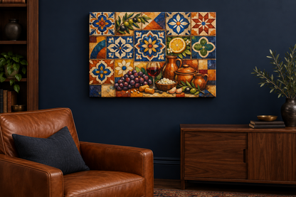 Mediterranean mosaic still life gallery-wrapped canvas in midnight blue study with indirect light - Portugal Canvas Co