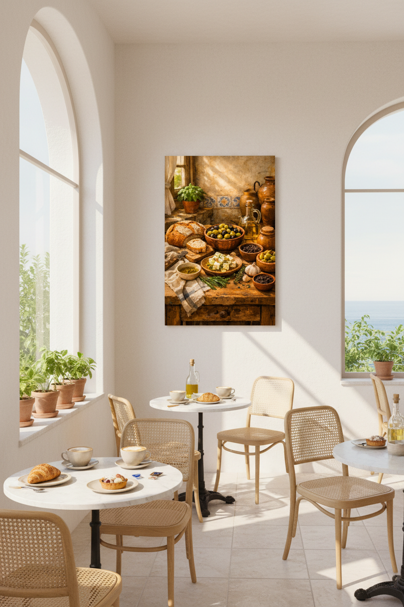 Mediterranean kitchen still life canvas wall art with olives feta and bread displayed in a bright Mediterranean café interior - Portugal Canvas Co