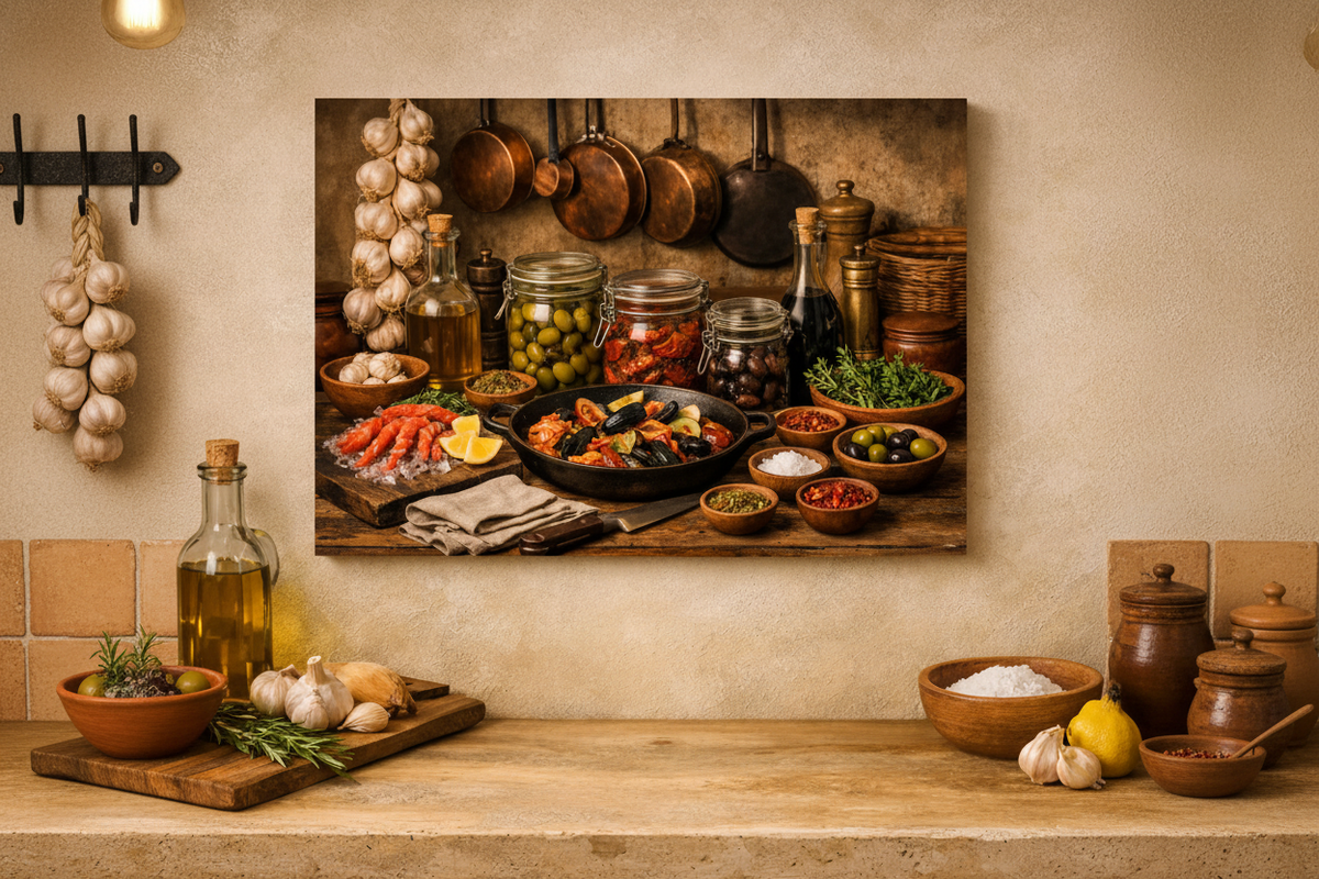 Mediterranean kitchen still life canvas wall art in a rustic farmhouse kitchen with terracotta tiles, copper pots and hanging herbs - Portugal Canvas Co
