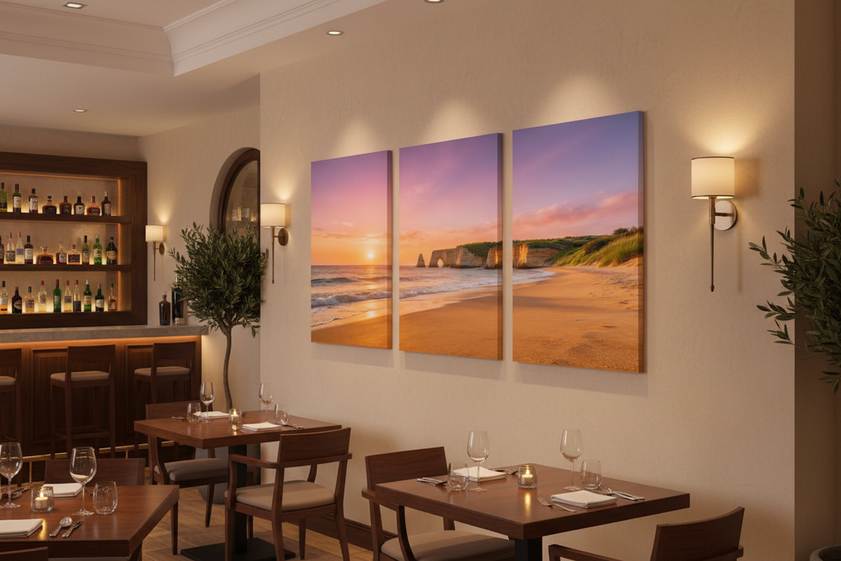 Algarve beach sunset triptych canvas wall art displayed in an upscale restaurant bar setting - Portugal Canvas Co