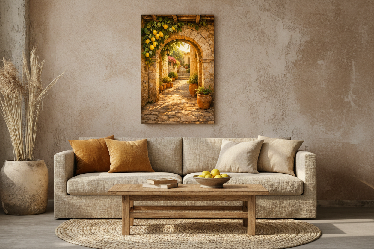 Mediterranean stone archway with lemons canvas wall art above natural linen sofa with ochre cushions and bowl of lemons - Portugal Canvas Co
