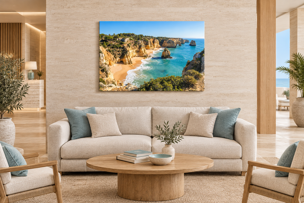 Algarve golden cliffs and turquoise sea canvas above cream seating in a coastal boutique hotel lobby - Portugal Canvas Co