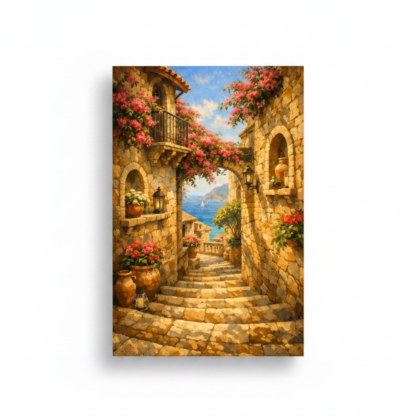 Mediterranean stone alleyway with pink bougainvillea, terracotta pots and lanterns canvas wall art on white background - Portugal Canvas Co