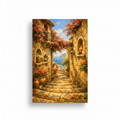 Mediterranean stone alleyway with pink bougainvillea, terracotta pots and lanterns canvas wall art on white background - Portugal Canvas Co