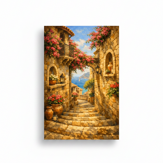 Mediterranean stone alleyway with pink bougainvillea, terracotta pots and lanterns canvas wall art on white background - Portugal Canvas Co