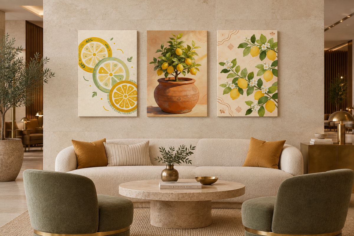 Three-piece Mediterranean lemon canvas set on a pale stone wall in a boutique hotel lobby - Portugal Canvas Co
