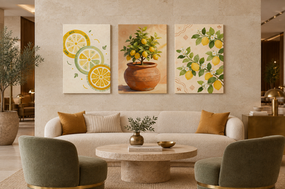 Three-piece Mediterranean lemon canvas set on a pale stone wall in a boutique hotel lobby - Portugal Canvas Co