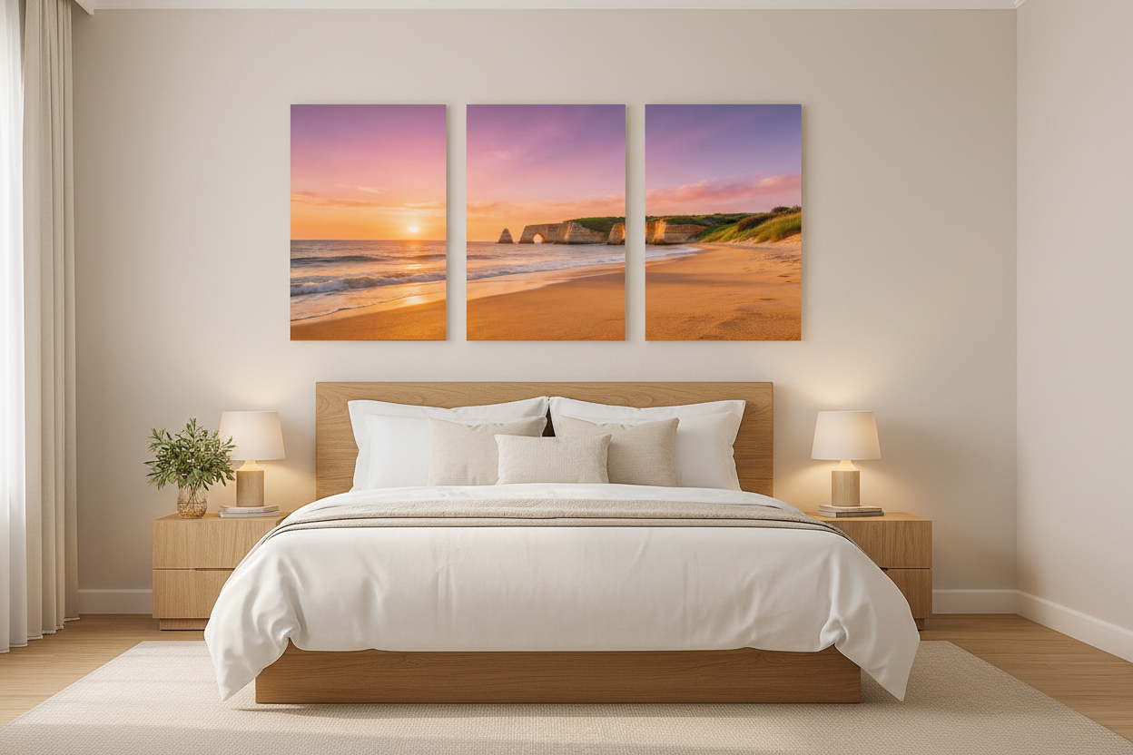 Algarve beach sunset triptych canvas wall art set of 3 portrait panels displayed above a bed in a warm Mediterranean-style bedroom - Portugal Canvas Co