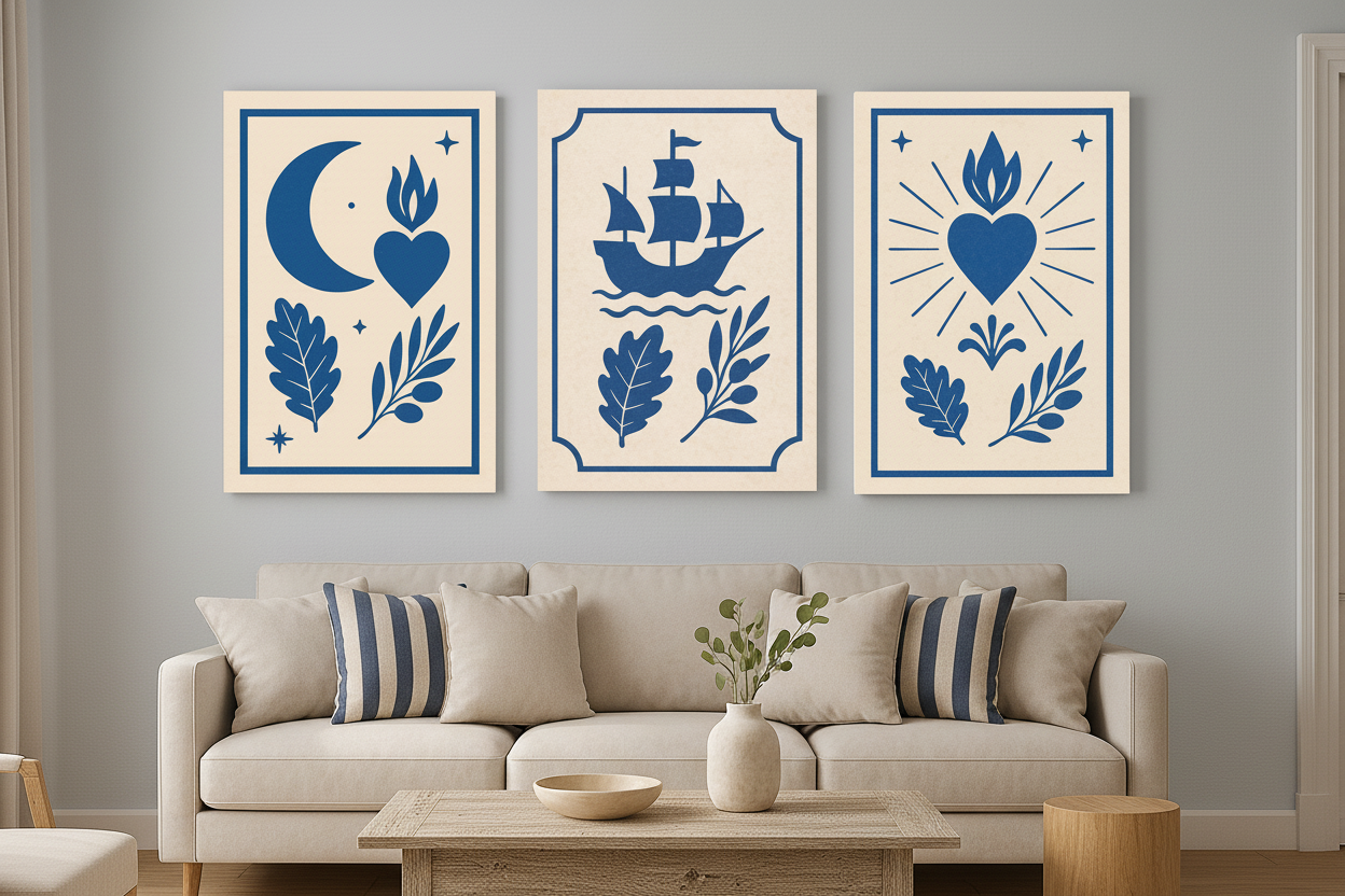 Nautical folk art moon ship and heart triptych canvas wall art set displayed in a stylish coastal living room - Portugal Canvas Co