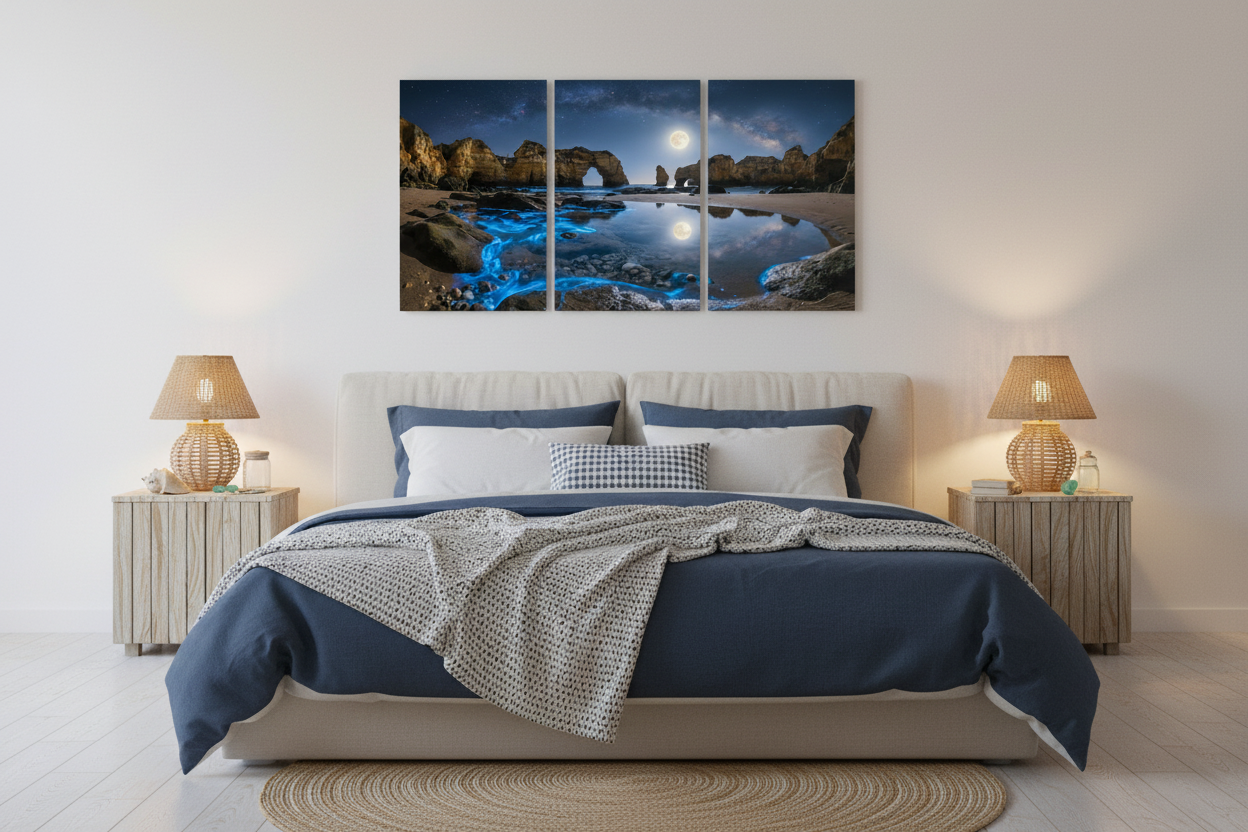 Algarve moonlit bioluminescent beach triptych canvas wall art above king bed in coastal master bedroom with navy blue linen and driftwood furniture - Portugal Canvas Co
