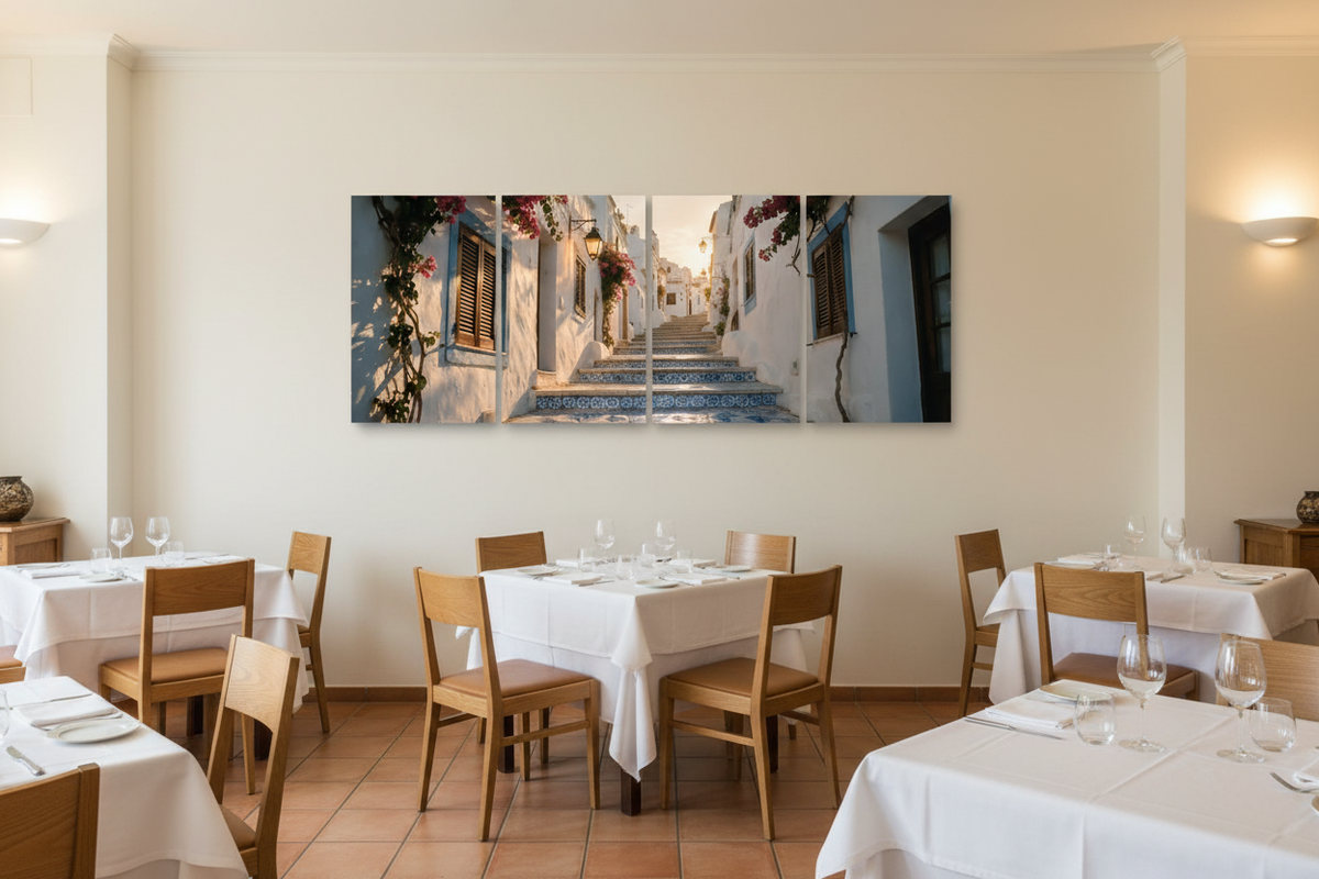 Four-panel Old Town Albufeira canvas wall art in a Mediterranean restaurant dining room - Portugal Canvas Co