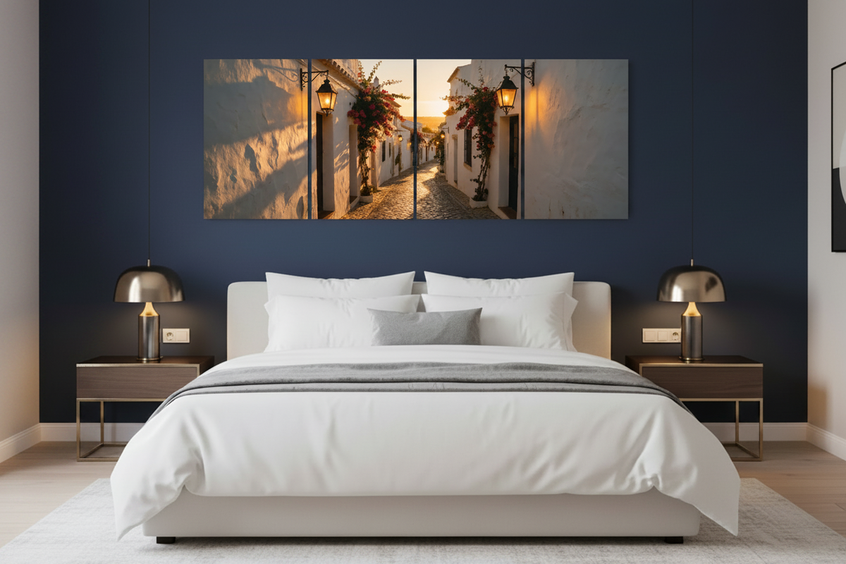 Four-panel Albufeira Old Town canvas wall art in a luxury boutique hotel suite - Portugal Canvas Co