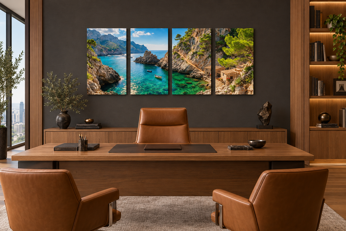 Four-panel Mediterranean rocky cove canvas above an oak desk in a charcoal executive office - Portugal Canvas Co