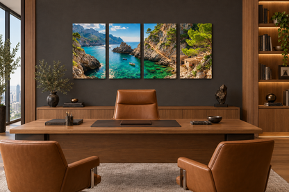 Four-panel Mediterranean rocky cove canvas above an oak desk in a charcoal executive office - Portugal Canvas Co