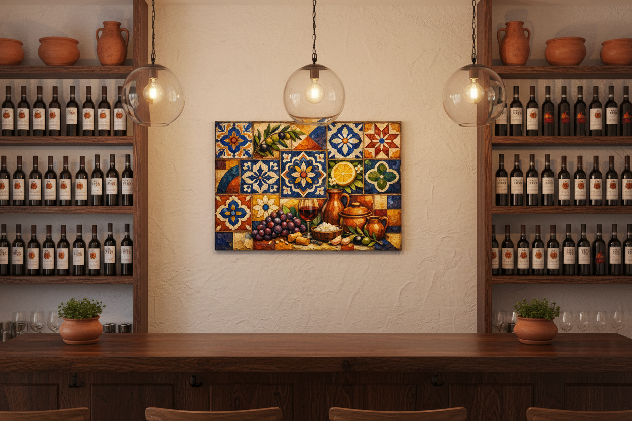 Mediterranean Mosaic Still Life Canvas displayed in a stylish Mediterranean wine bar - Portugal Canvas Co