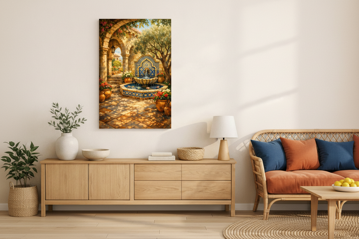 Mediterranean courtyard fountain with cobalt blue tiles canvas wall art in boho living room with rattan sofa and terracotta and cobalt cushions - Portugal Canvas Co