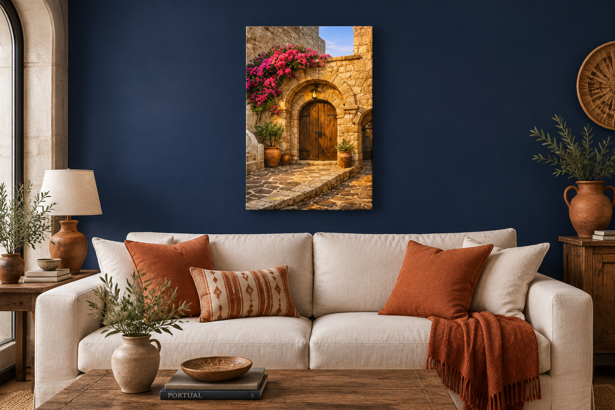 Mediterranean stone archway and bougainvillea canvas wall art above a linen sofa in a navy blue living room - Portugal Canvas Co