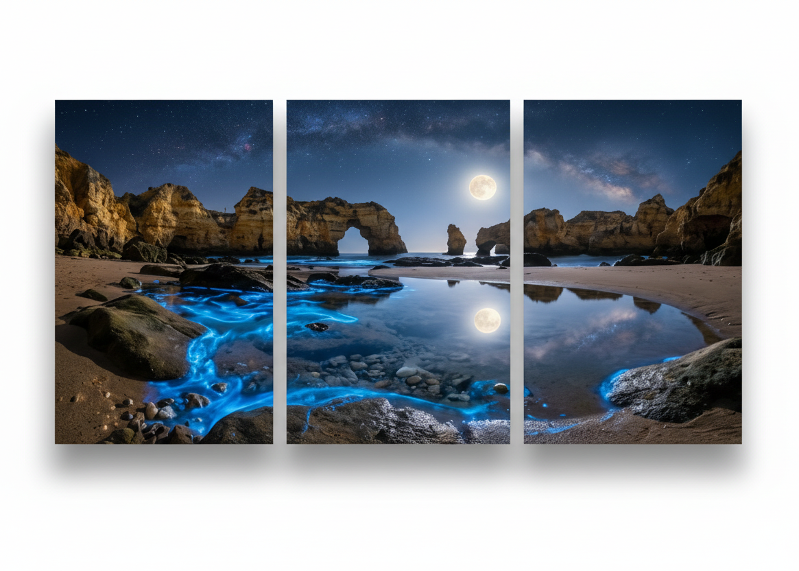 Algarve moonlit bioluminescent beach triptych canvas wall art on white background - Portugal Canvas Co