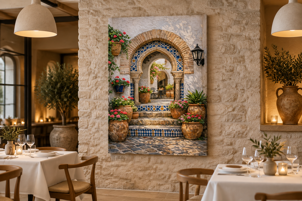 Detailed Moorish courtyard archway canvas with tiled steps in an elegant restaurant dining room - Portugal Canvas Co