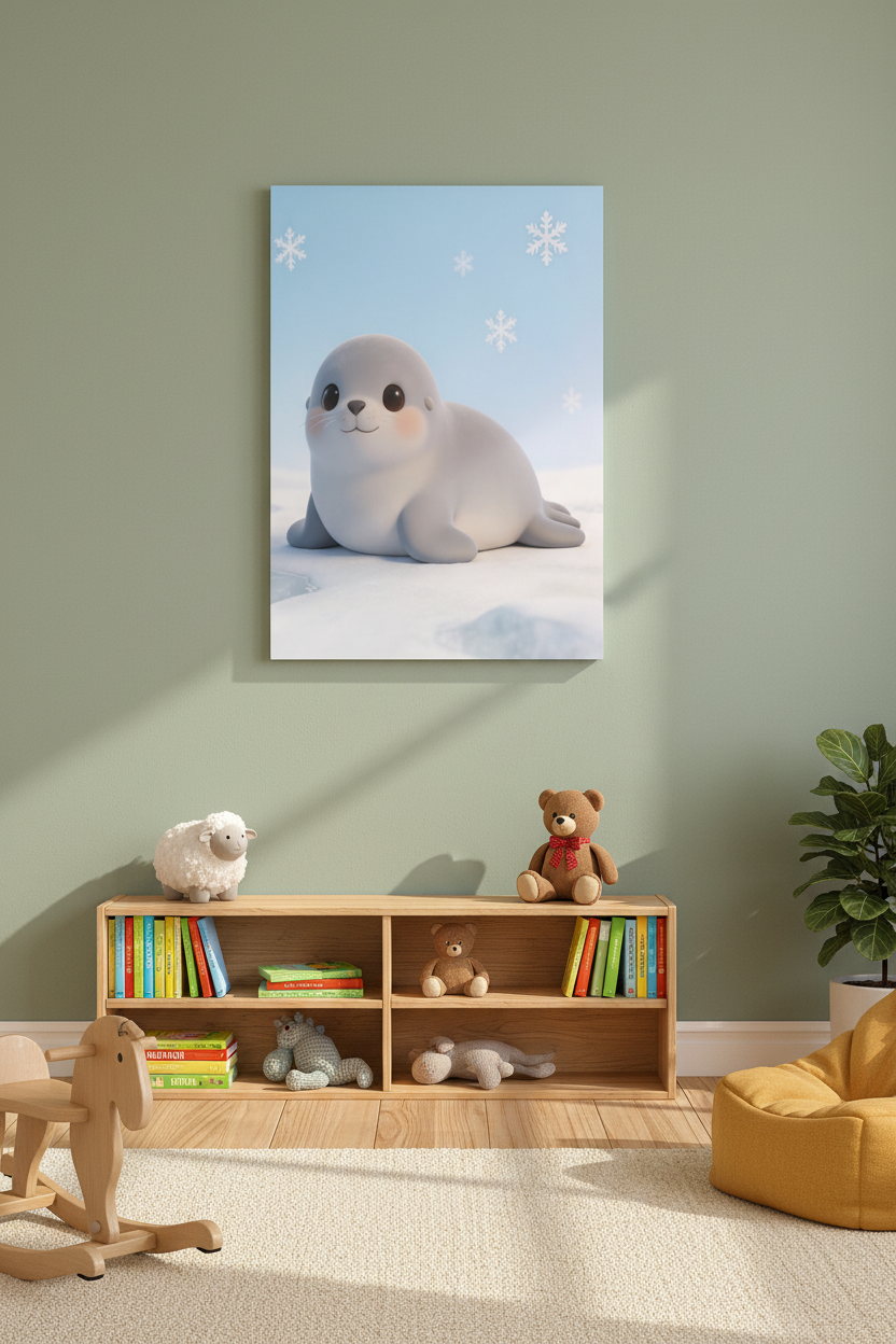 Cute baby seal nursery canvas wall art on a sage green nursery wall above a wooden bookshelf - Portugal Canvas Co