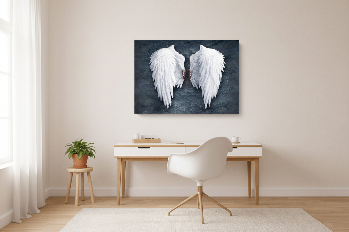 White angel wings on dark textured background canvas wall art displayed above a white desk in a bright Scandinavian home office with natural wood accents - Portugal Canvas Co