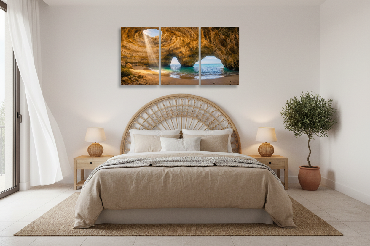 Benagil cave triptych canvas wall art above king bed in luxury boutique hotel bedroom with rattan headboard, sandy linen and warm lamp lighting - Portugal Canvas Co