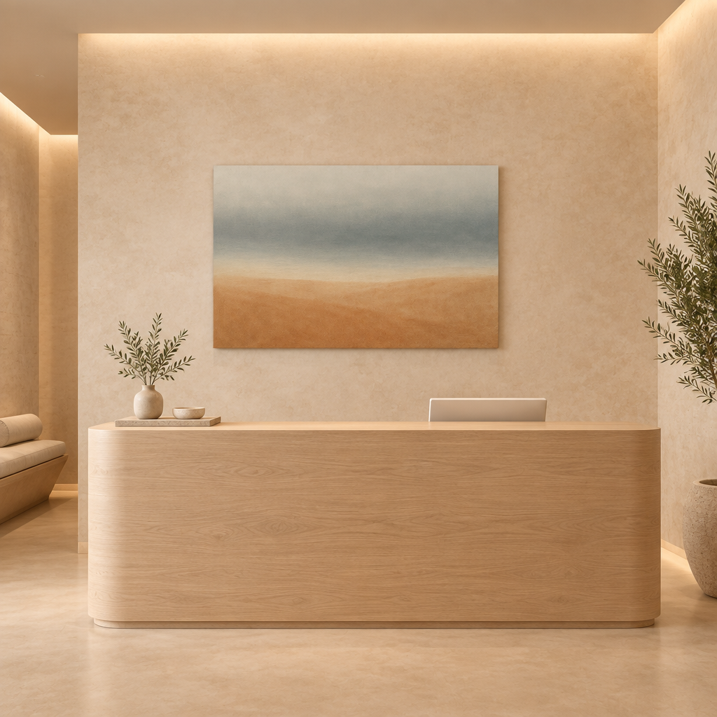 Calm muted grey-blue and sandy beige abstract canvas in limestone spa reception - Portugal Canvas Co