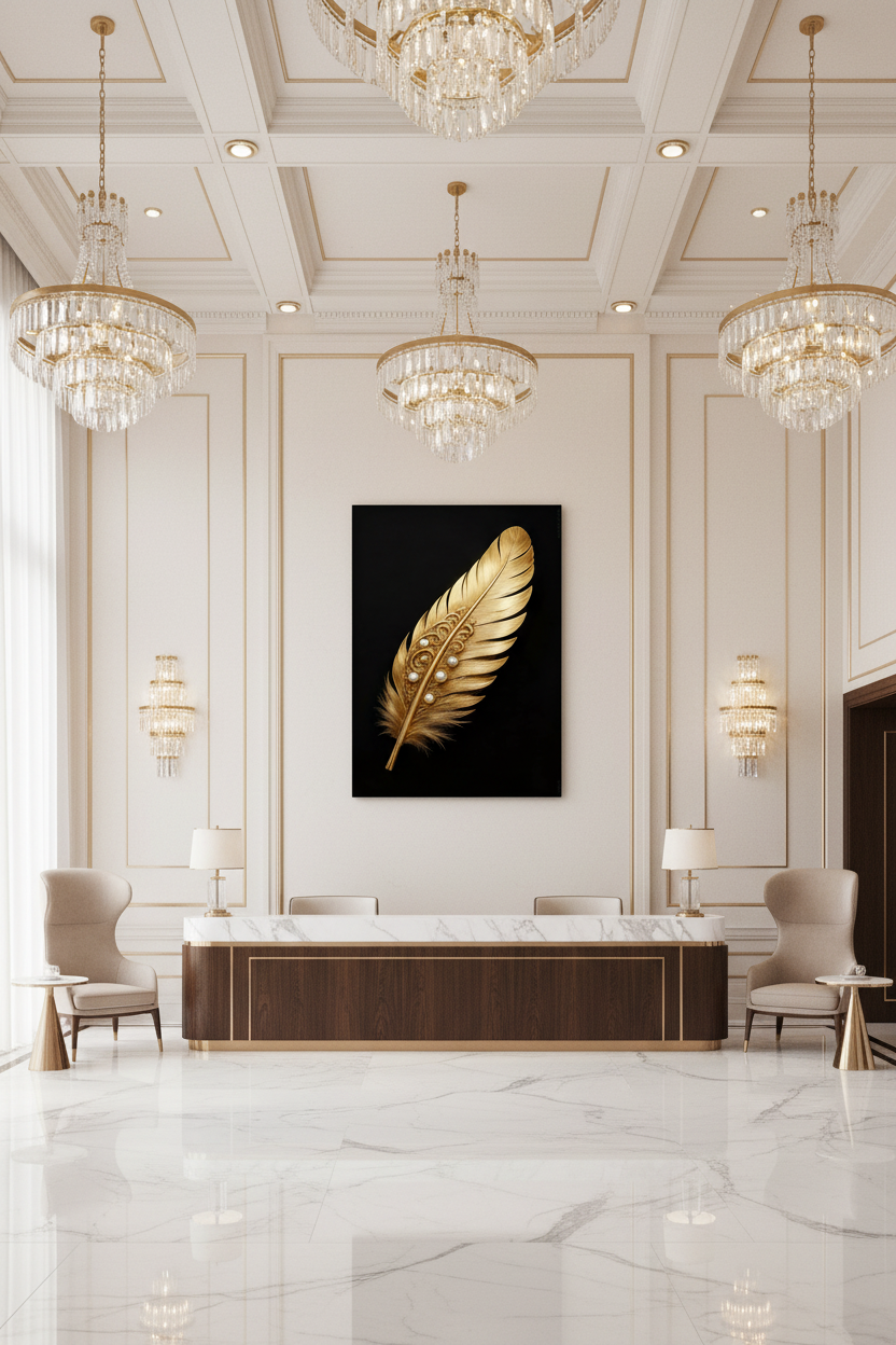 Golden angel feather with pearl embellishments canvas wall art displayed on the feature wall of a grand luxury hotel reception lobby with marble floors and crystal chandeliers - Portugal Canvas Co