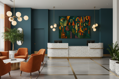 Colorful Cubist Faces canvas behind a terrazzo reception desk in a funky boutique hotel lobby - Portugal Canvas Co