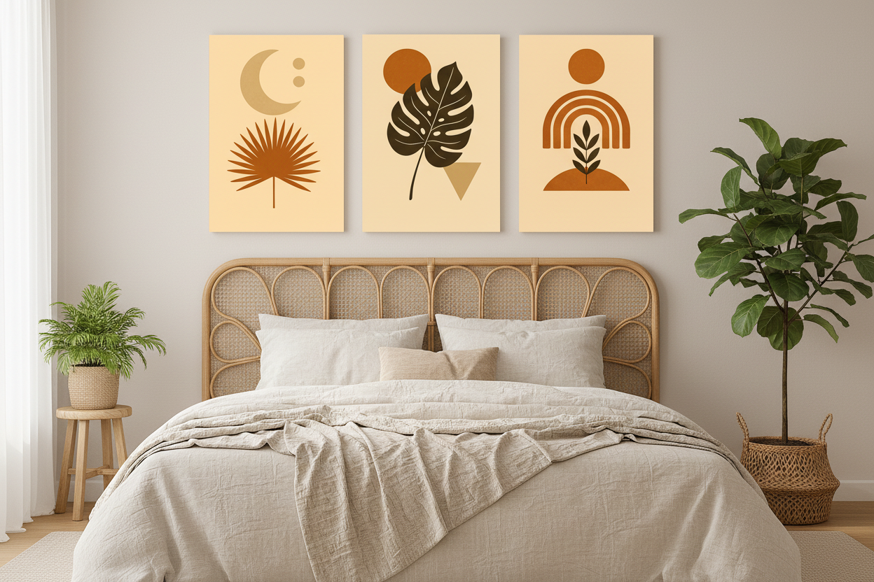 Modern boho botanical triptych canvas wall art set displayed above the bed in a bright boho bedroom with linen bedding and rattan headboard - Portugal Canvas Co