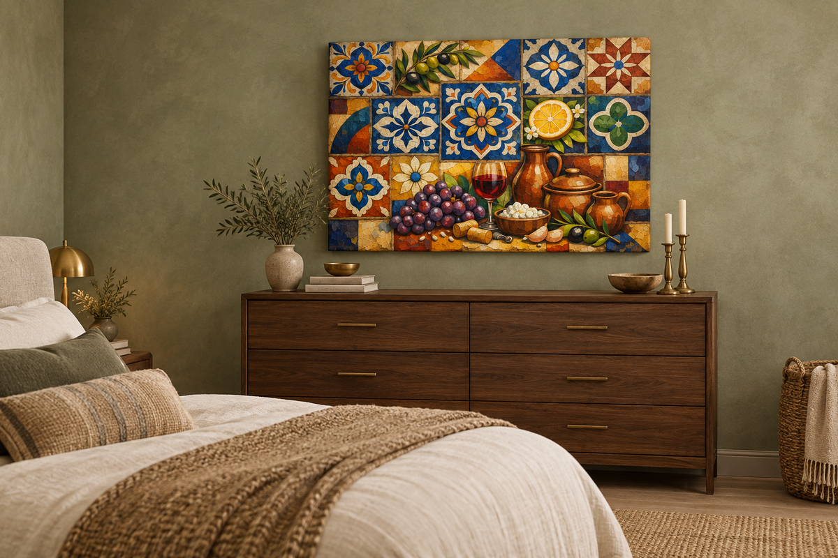 Mediterranean mosaic still life gallery-wrapped canvas over walnut dresser in sage bedroom with indirect light - Portugal Canvas Co