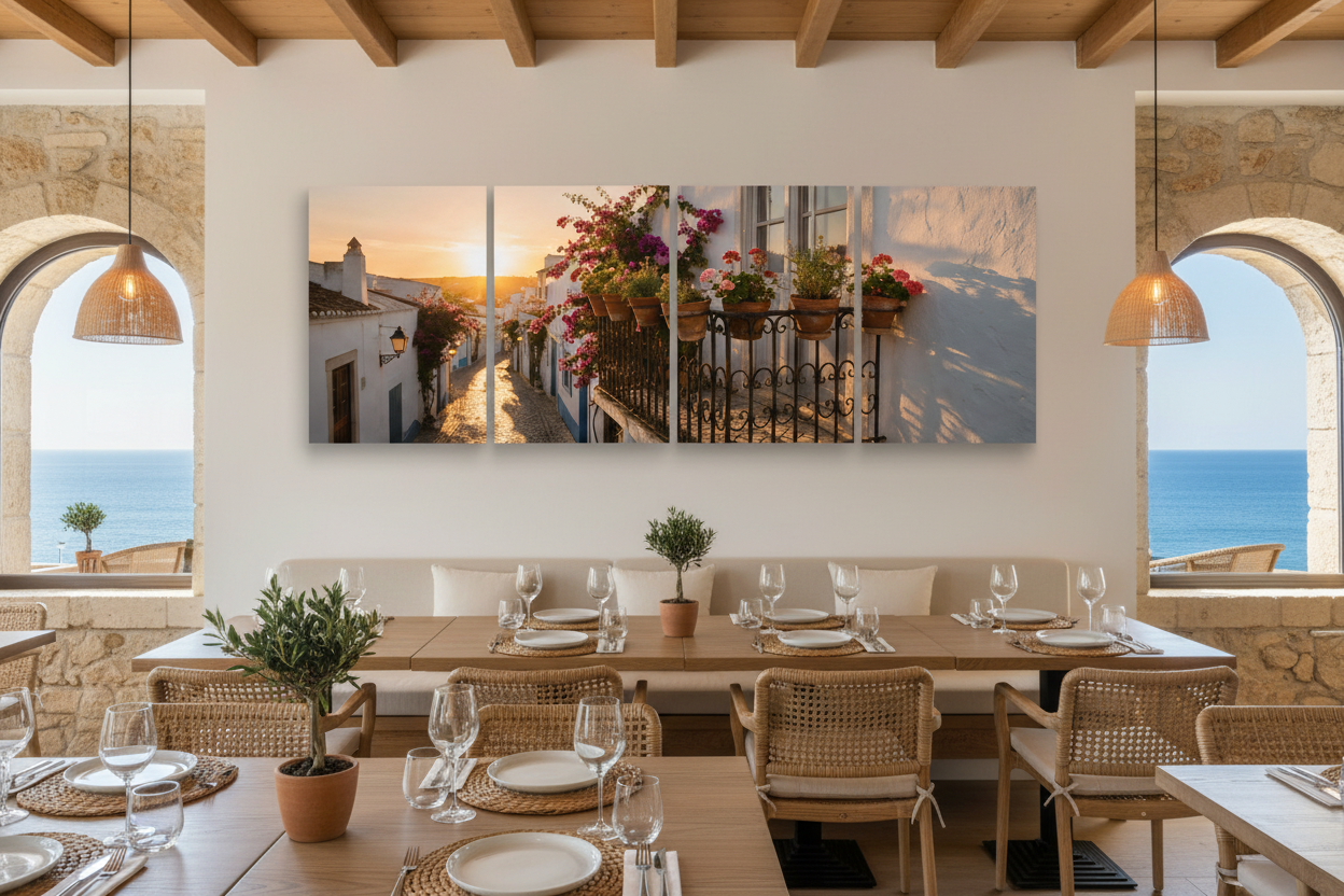 Old Town Albufeira four-panel canvas wall art in a premium Algarve bistro - Portugal Canvas Co