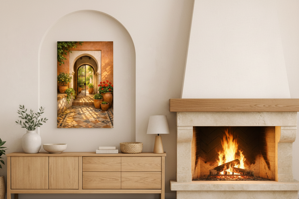 Mediterranean courtyard with iron gate canvas wall art hung in a recessed alcove beside a stone fireplace in an elegant living room - Portugal Canvas Co