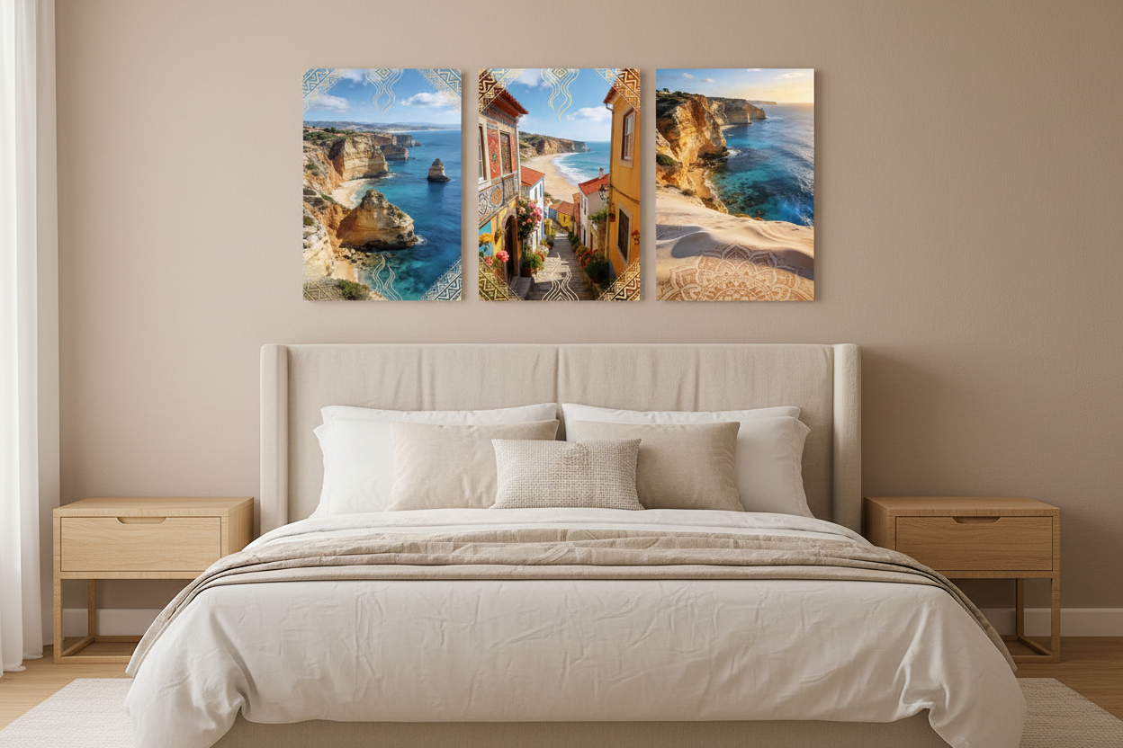 Portuguese coastal triptych canvas wall art set with Azulejo border displayed above a bed in a bright airy bedroom - Portugal Canvas Co