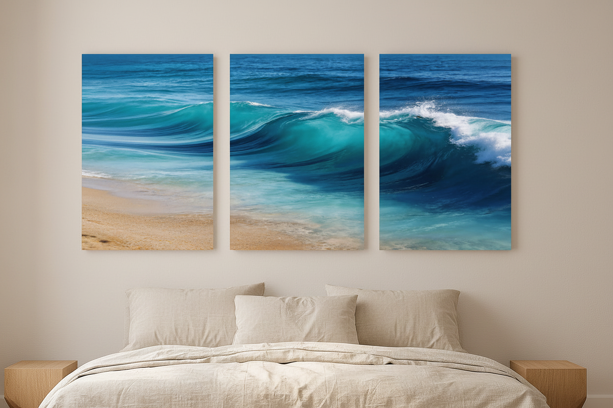 Portuguese ocean breaking wave turquoise blue sea triptych canvas set displayed above a bed in a bright minimalist bedroom - Portugal Canvas Co