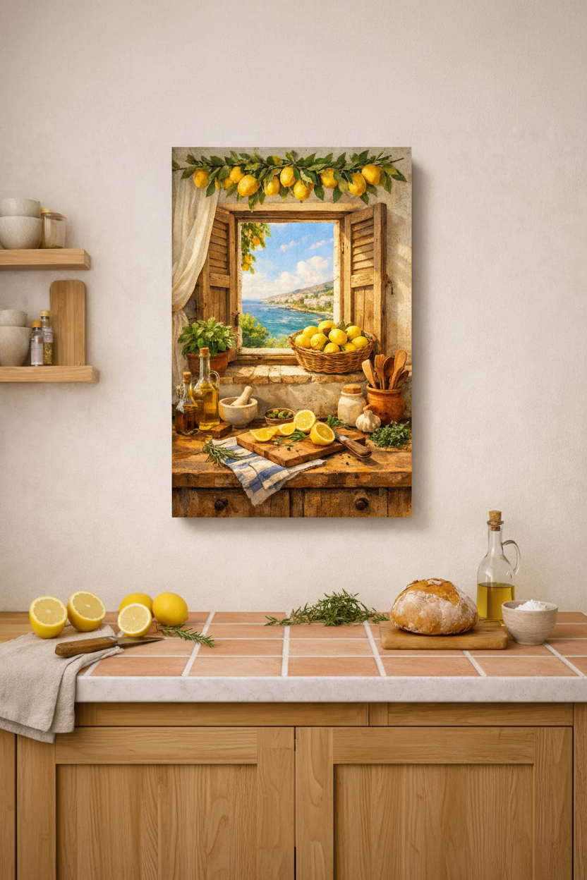 Mediterranean lemon kitchen still life canvas wall art displayed above a rustic kitchen counter with terracotta tiles in warm Mediterranean sunlight - Portugal Canvas Co