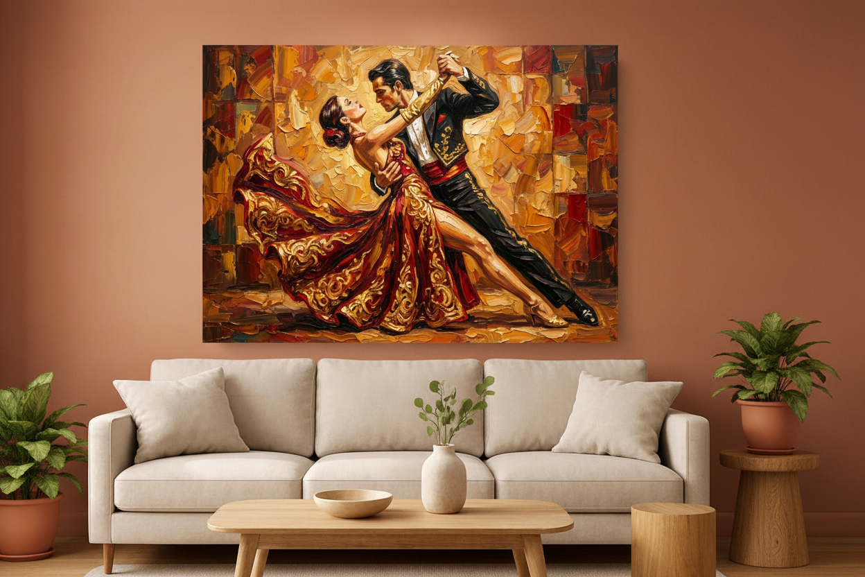 Golden Tango Embrace couples dance canvas wall art on a terracotta wall in a cosy Mediterranean living room - Portugal Canvas Co