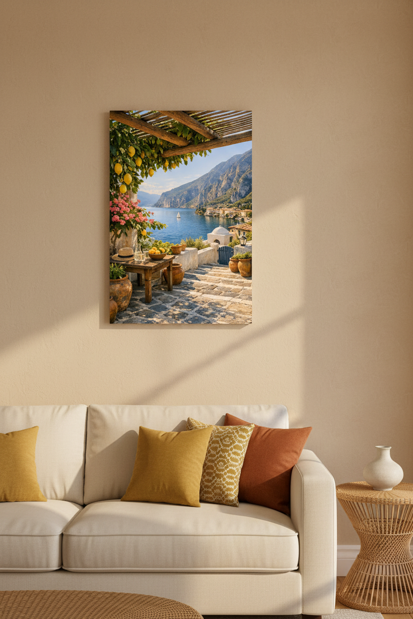 Mediterranean lemon pergola terrace canvas wall art with pink bougainvillea and terracotta pots hung on a warm beige wall in a luxurious coastal living room with cream sofa - Portugal Canvas Co