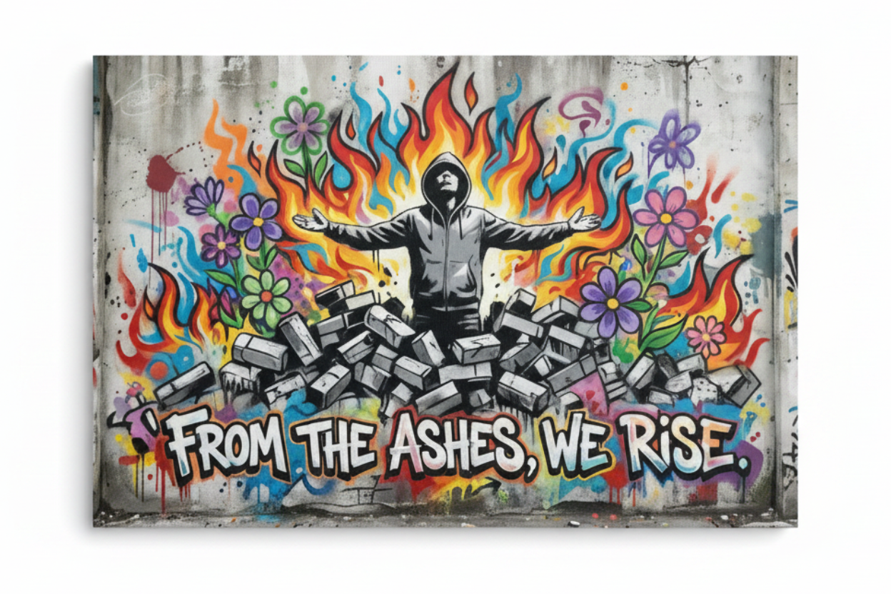 From The Ashes We Rise graffiti street art canvas print with hooded figure, flames and flowers, flat lay on white background - Portugal Canvas Co