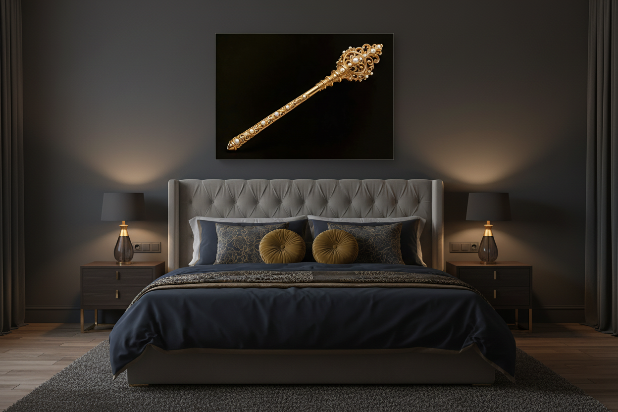 Royal golden scepter with pearl embellishments canvas wall art displayed above the bed in a luxurious dark bedroom with charcoal walls and gold accent pillows - Portugal Canvas Co