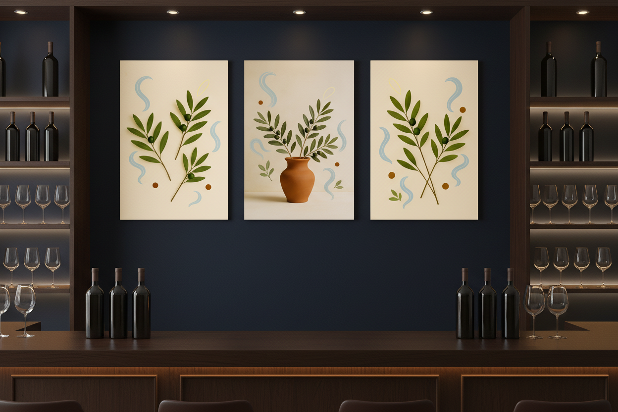 Olive Branch Botanical Canvas Set triptych on dark navy wall in a stylish wine bar with warm spotlights - Portugal Canvas Co