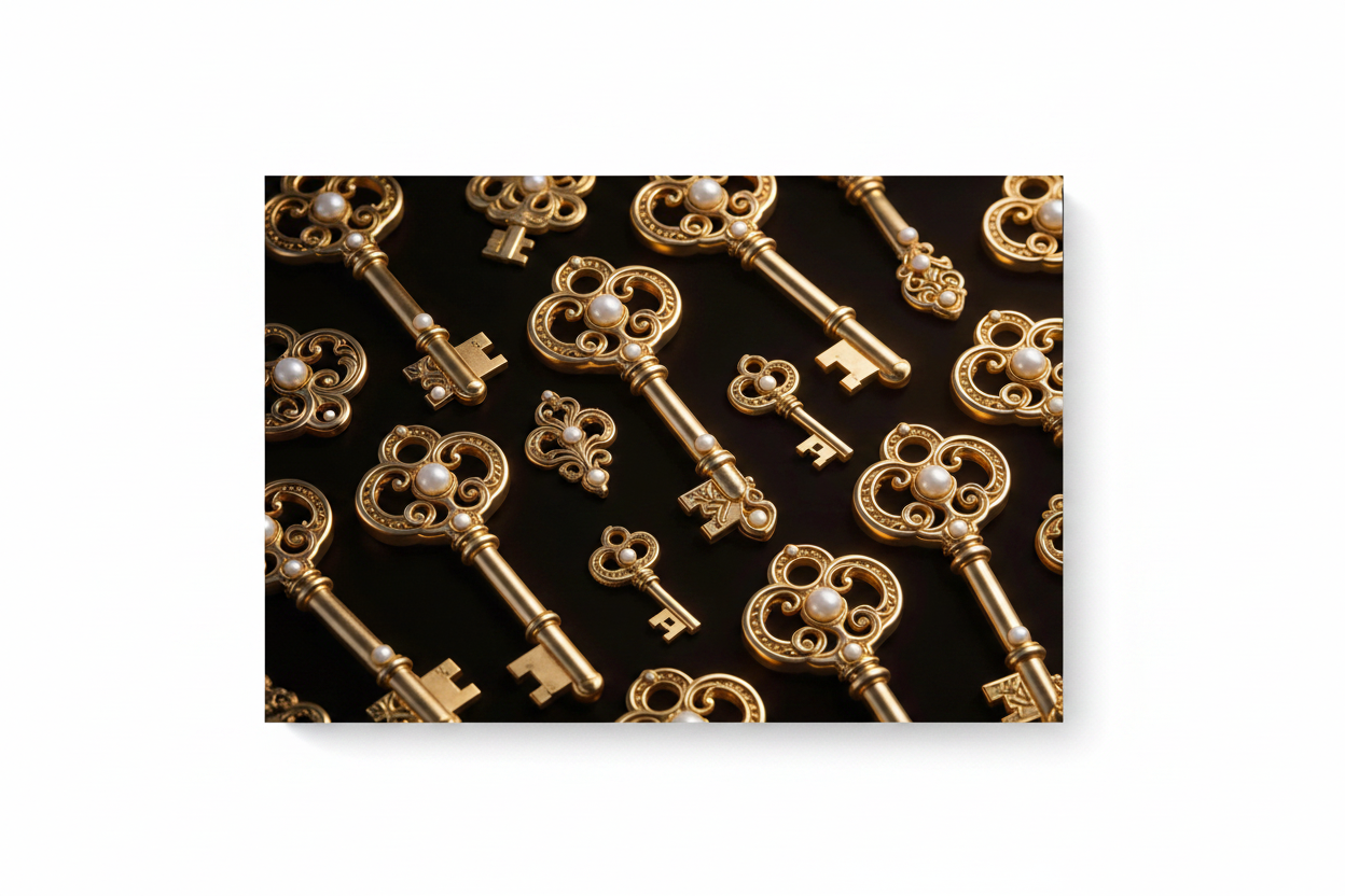 Divine Gold Keys canvas wall art print with ornate golden keys and pearl embellishments on black background flat lay on white background - Portugal Canvas Co