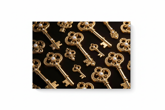 Divine Gold Keys canvas wall art print with ornate golden keys and pearl embellishments on black background flat lay on white background - Portugal Canvas Co