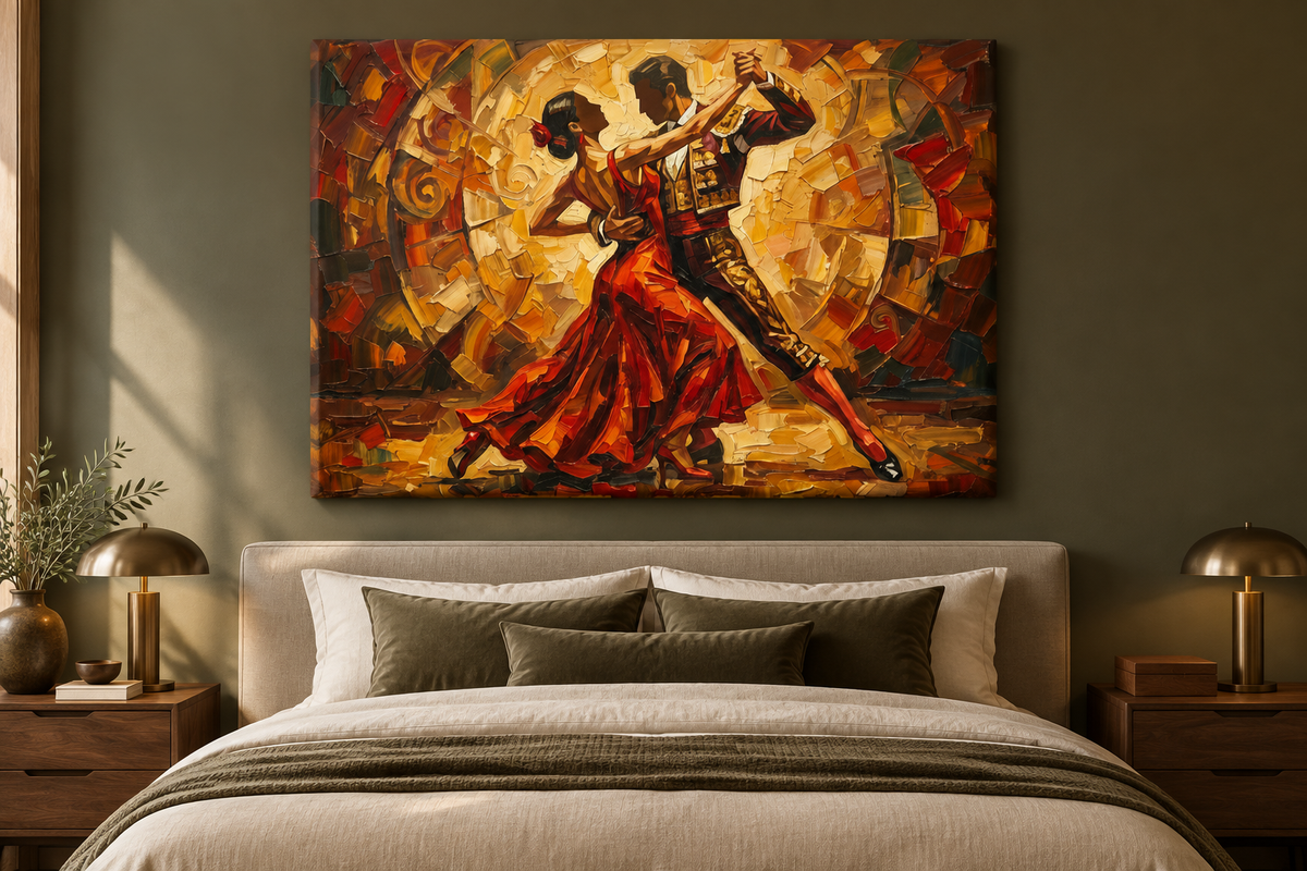 Expressive dancing couple canvas displayed in an elegant modern bedroom - Portugal Canvas Co
