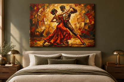 Expressive dancing couple canvas displayed in an elegant modern bedroom - Portugal Canvas Co