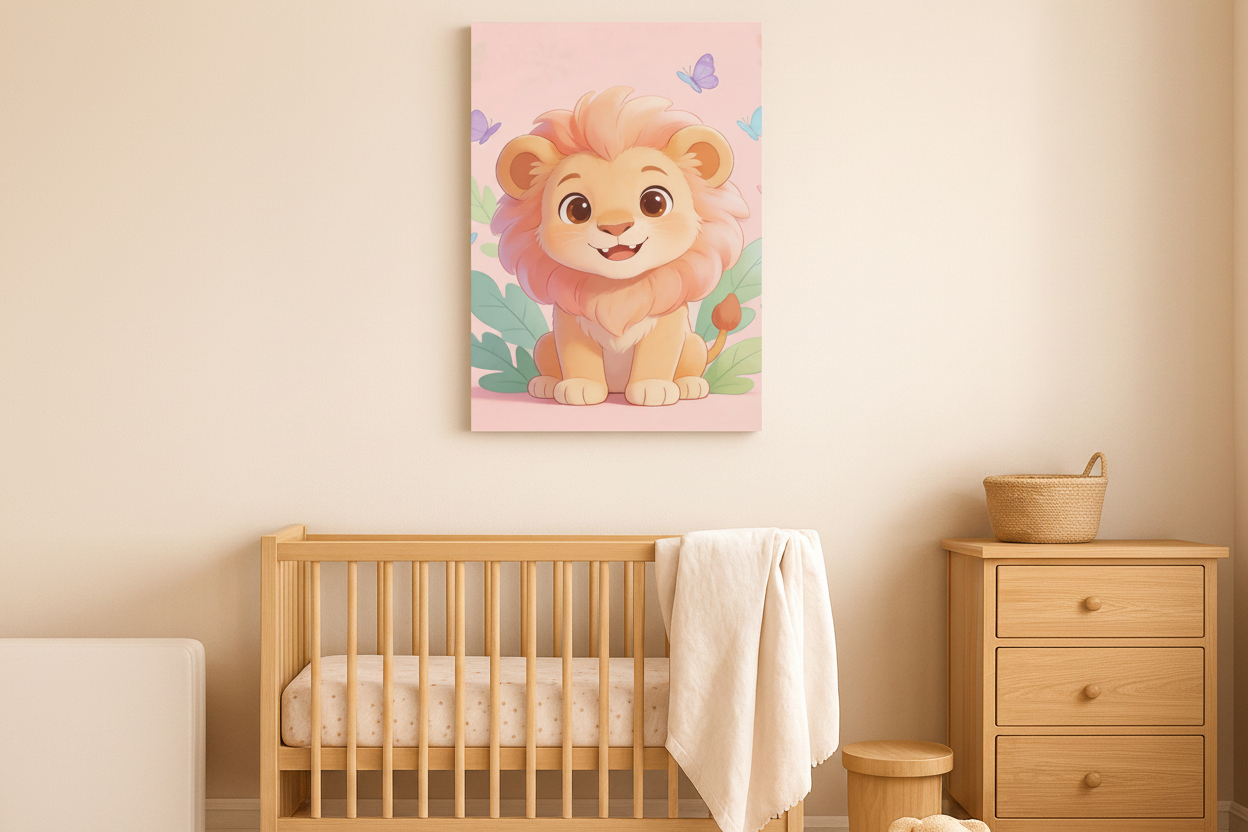 Cute lion canvas wall art displayed in a soft pastel pink nursery room above a wooden crib - Portugal Canvas Co