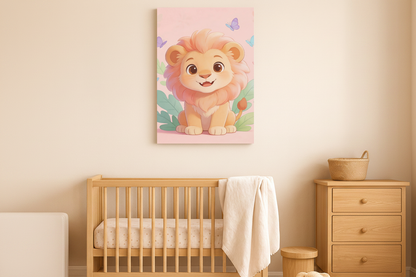 Cute lion canvas wall art displayed in a soft pastel pink nursery room above a wooden crib - Portugal Canvas Co