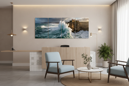 Four-panel coastal lighthouse canvas wall art in a boutique guesthouse reception - Portugal Canvas Co