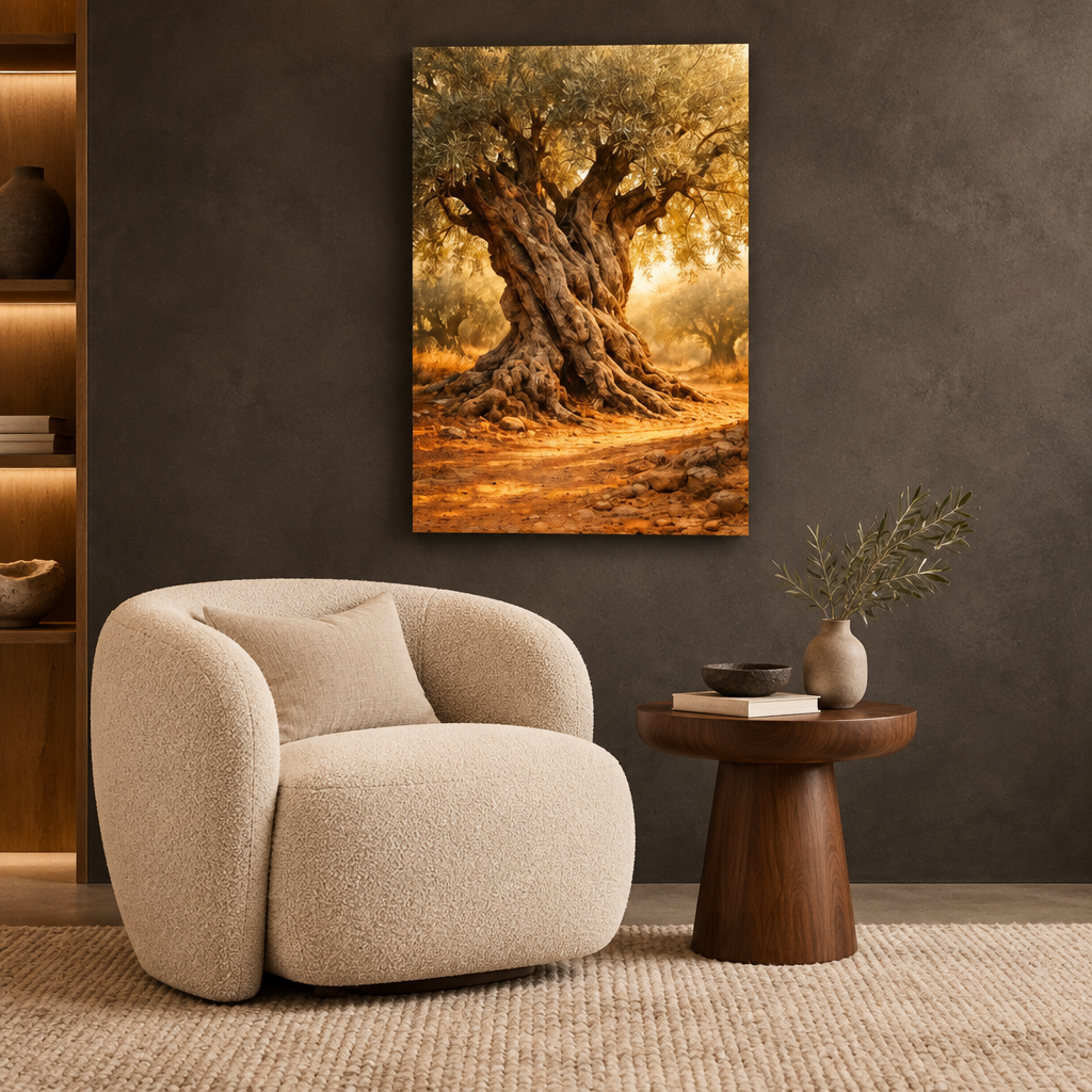 Ancient olive tree canvas beside an ivory chair in a charcoal reading lounge - Portugal Canvas Co